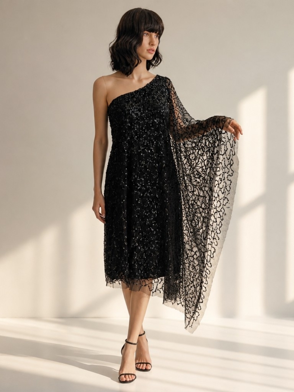 Adrianna Papell Black Sequin One Shoulder Cocktail Dress Size 3X Batwing Witchy